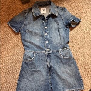ZARA Light Blue Denim Romper with Collar